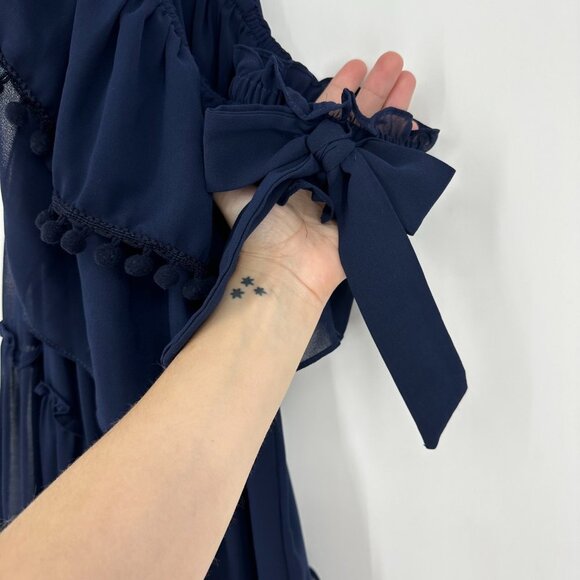 Misa Michaela Tiered Chiffon Off-Shoulder Midi Dress Navy Blue XS - Picture 7 of 12
